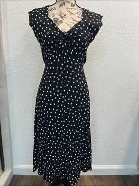 Retro Loco London Black Polka Dot Midi Dress with Knot back